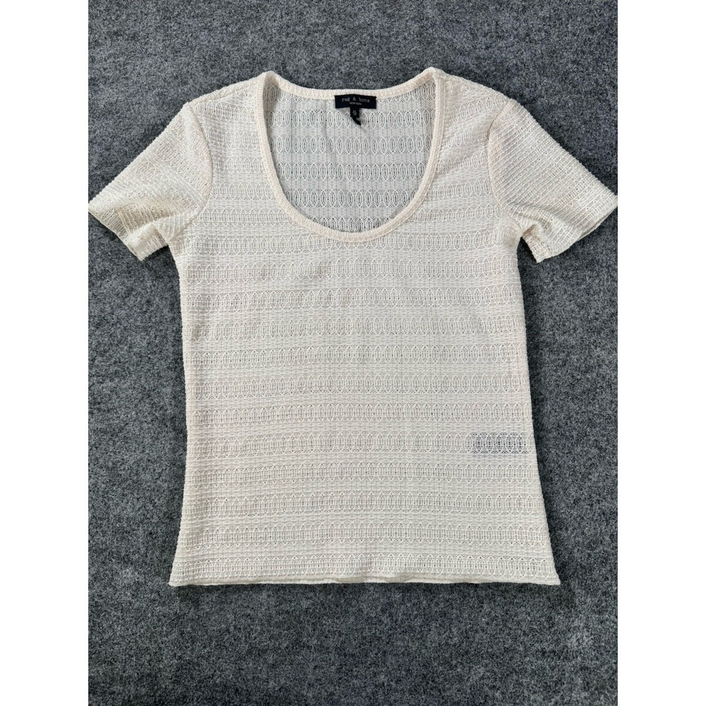 rag & bone Women's XS Ivory Open Knit Short Sleeve Sweater Crew Neck Top